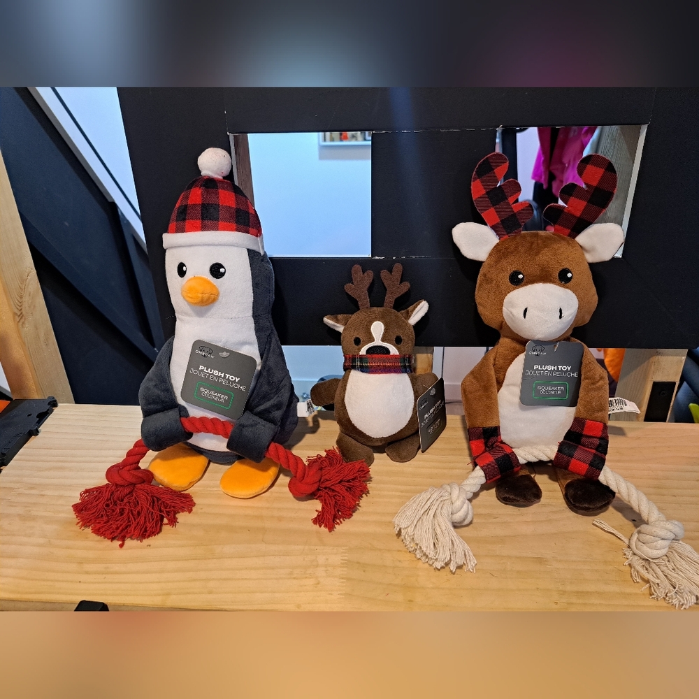 Lot Of 3 Festive Penguin, Reindeer And Moose Pet Squeaker Plush Toys